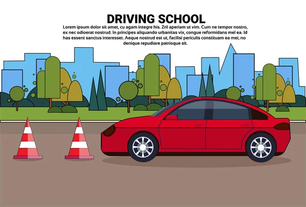 Bannière d'école de conduite, véhicule sur route, concept d'examen d'entraînement automatique — Image vectorielle