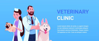 Adam ve kadın Veteriner doktor şablon arka plan kopya alanı veteriner Kliniği konsepti ile köpeği ile