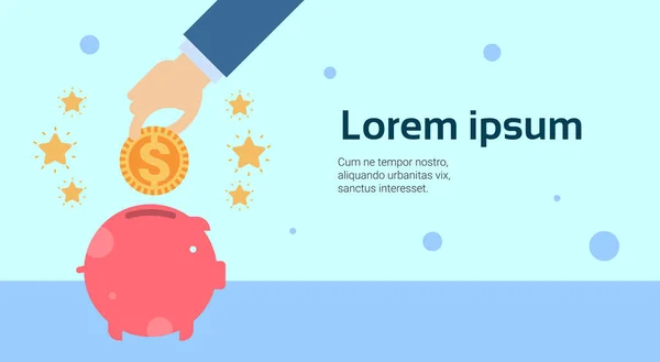 Hand gouden munt aanbrengend Piggy Bank Finance besparingen Concept — Stockvector