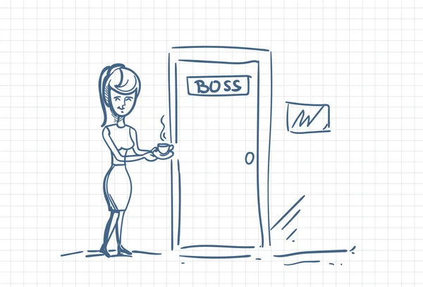 Zakelijke vrouw secretaris Breng koffie aan Boss Office Doodle op vierkante achtergrond — Stockvector