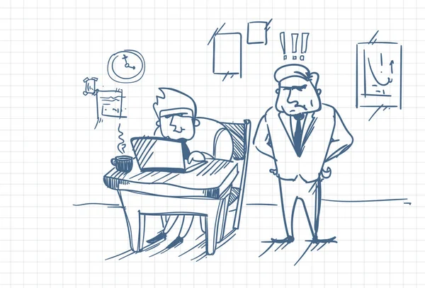 Dizüstü bilgisayar kullanan Office işyerinde çalışan ayakta kızgın iş adam patron doodle — Stok Vektör