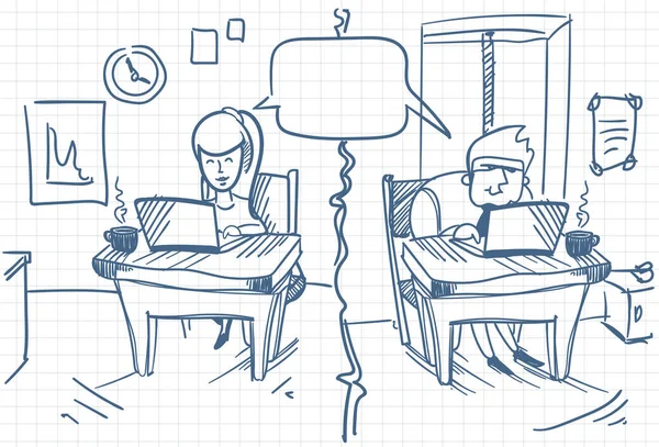 Άνδρας και γυναίκα, κουβέντα κάθονται στους υπολογιστές στο γραφείο κοινωνικών μέσων επικοινωνίας Doodle — Διανυσματικό Αρχείο