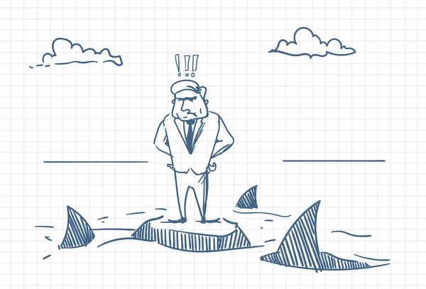 Confundido hombre de negocios Doodle Standing On Rock con tiburones alrededor de peligro y concepto de crisis — Vector de stock