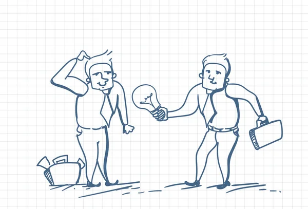 Dos hombres de negocios Doodle sosteniendo bombilla nueva idea concepto — Archivo Imágenes Vectoriales