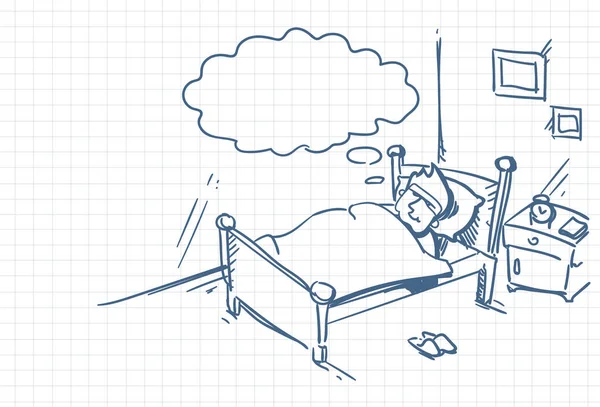 Skitse mand sovende drøm i sengen Doodle Over kvadreret baggrund – Stock-vektor