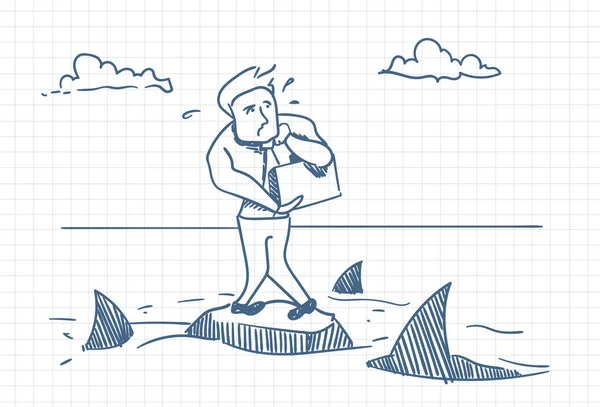 Hombre de negocios Doodle de pie en la roca con tiburones alrededor de peligro y concepto de crisis — Vector de stock