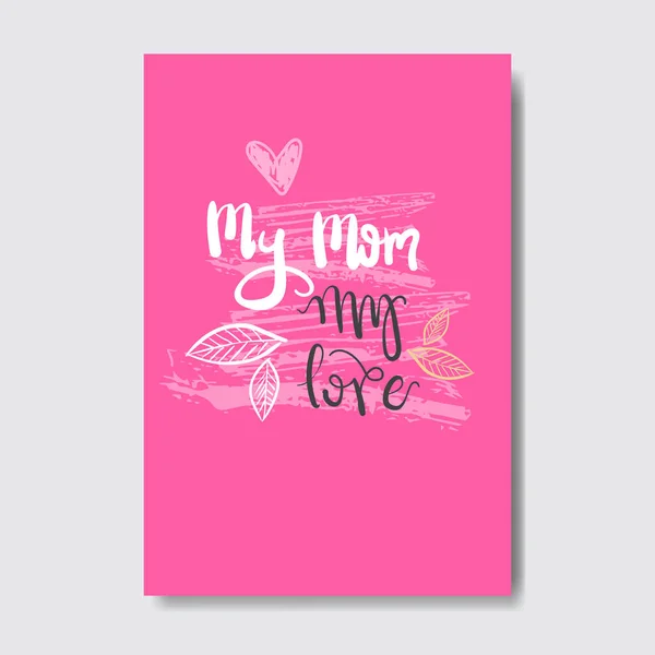 Diseño lindo de la tarjeta de felicitación del día de las madres con los elementos dibujados a mano sobre fondo rosa — Vector de stock