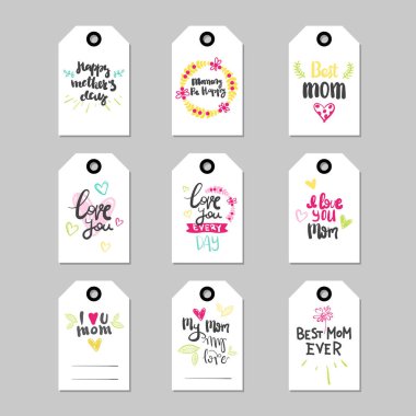 Anneler Günü tebrik kartı veya kümesi alışveriş etiket tatil mevsimlik Satılık el için izole çizilmiş