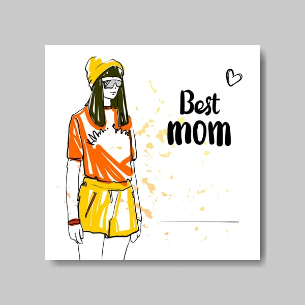 Feliz tarjeta de felicitación del día de la madre con hermosa silueta femenina y mejores letras de mamá — Vector de stock
