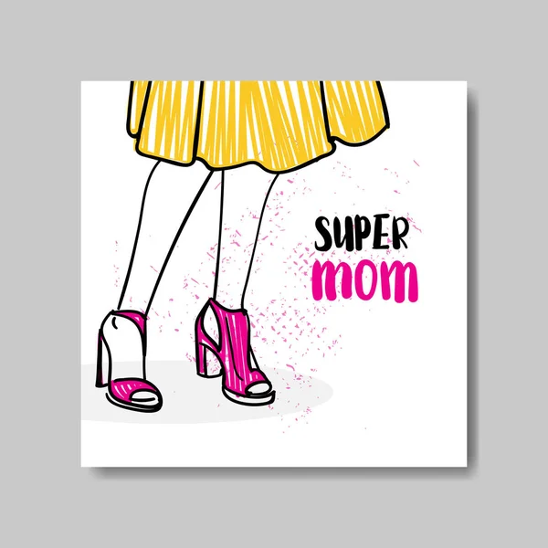 Tarjeta de felicitación del día de las madres con la silueta dibujada a mano de la mujer Super Mom Banner — Vector de stock