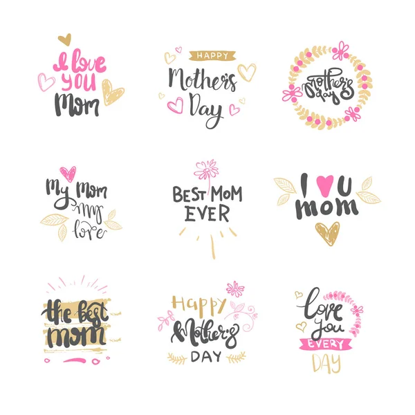 Diseño de tarjetas de felicitación de vacaciones aisladas letras dibujadas a mano del día de las madres — Vector de stock