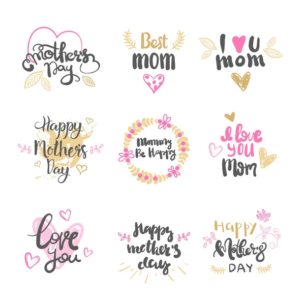 Happy Mothers Day Icons Hand Drawn Calligraphy Isolated Greeting Card — Stock Vector