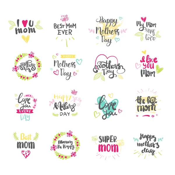 Happy Mothers Day Hand Drawn Lettering Collection For Greeting Card Isolated On White Background — Stock Vector