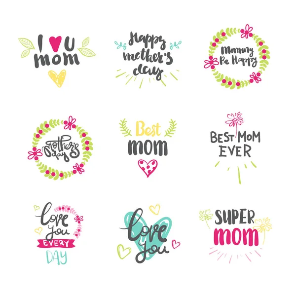 Set de Día de Madres de Hermosas Letras Dibujadas a Mano Aisladas Sobre Fondo Blanco — Vector de stock