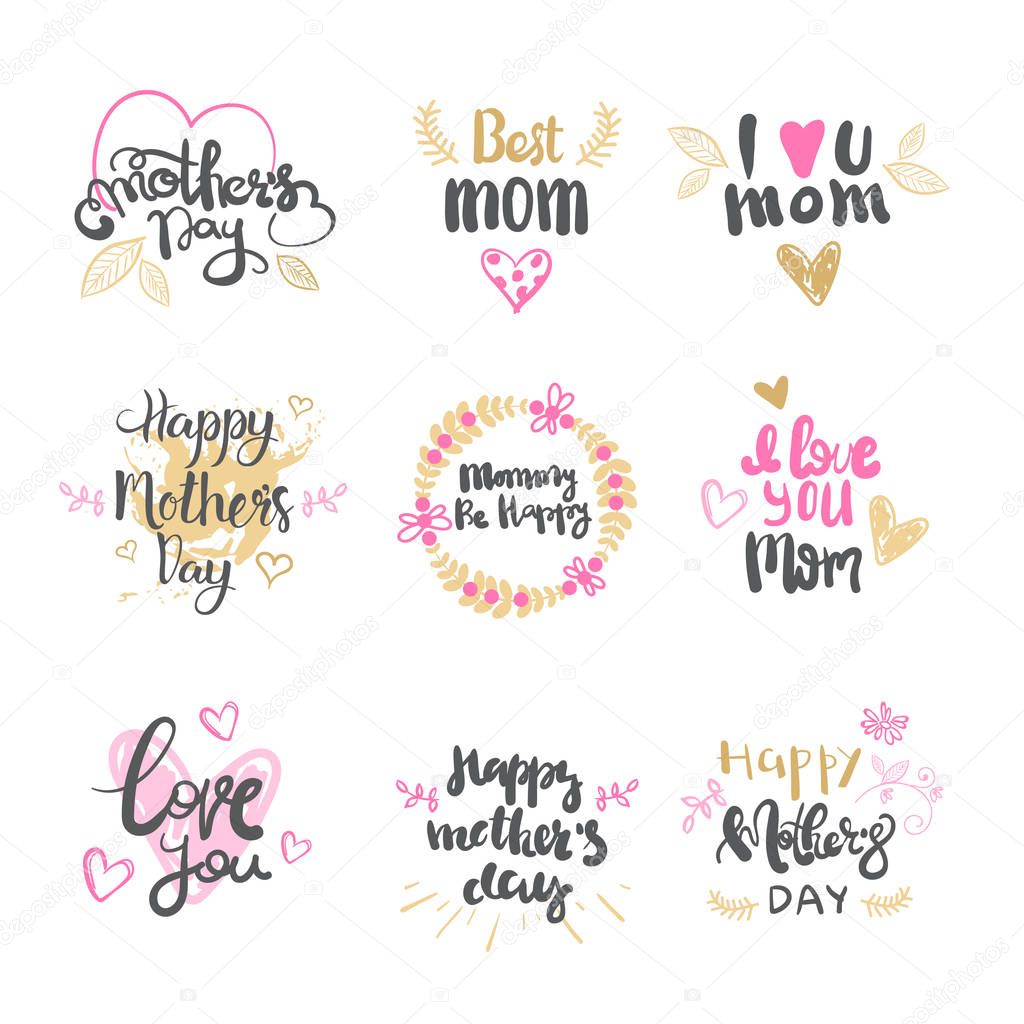 Happy Mothers Day Icons Hand Drawn Calligraphy Isolated Greeting Card Vector Illustration