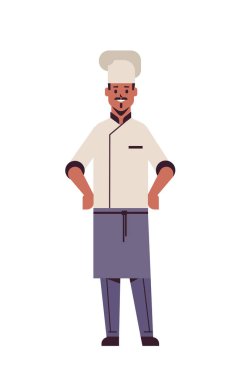 Erkek profesyonel aşçı ayakta duruyor. Afro-Amerikalı restoran çalışanı üniformalı yemek pişirme konsepti düz, dikey.