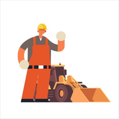 erkek inşaatçı sert şapka giyen meşgul işçi traktör ağır ekskavatör endüstriyel inşaat işçisi yanında duran üniforma bina kavramı düz tam uzunlukta