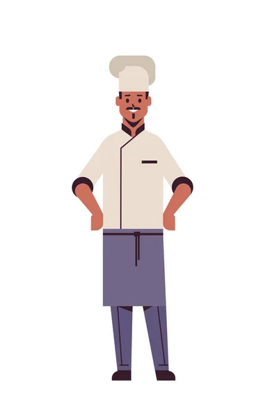 Macho profesional chef cocinero de pie pose africano americano hombre restaurante cocina trabajador en uniforme cocina concepto de comida plana longitud completa vertical — Vector de stock