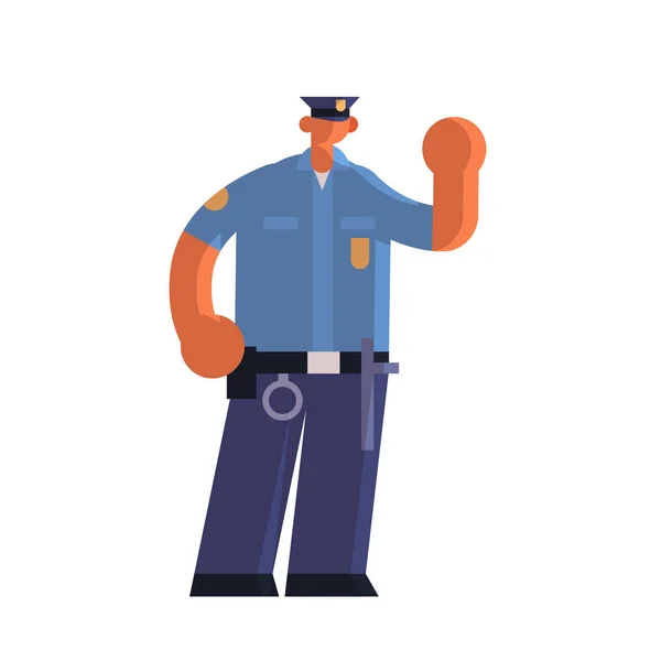 Policial masculino dando a mão com stop gesto policial em uniforme autoridade de segurança justiça conceito de serviço de lei plano de comprimento total fundo branco —  Vetores de Stock