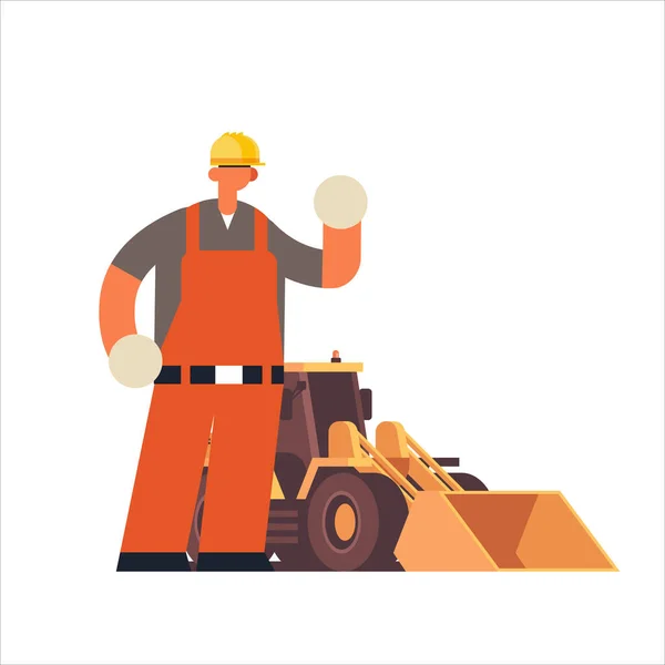 Construtor masculino vestindo chapéu duro ocupado trabalhador de pé perto trator pesado escavadeira trabalhador de construção industrial em uniforme conceito de construção plana comprimento total —  Vetores de Stock