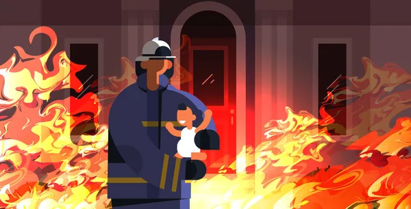Cesur itfaiyeci üniforma ve kask itfaiye acil servis yanan evde konsept yangın söndürme küçük çocuk itfaiyeci kurtarma turuncu alev arka plan düz portre yatay — Stok Vektör