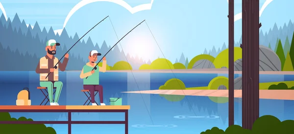 father and son fishing together from pier man with little boy using rods happy family weekend fisher hobby concept water horizon forest landscape background flat full length horizontal