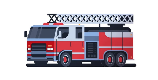 Resgate de incêndio caminhão vermelho máquina de combate a incêndios serviço de emergência carro extinguindo fogo conceito plano fundo branco comprimento total horizontal — Vetor de Stock