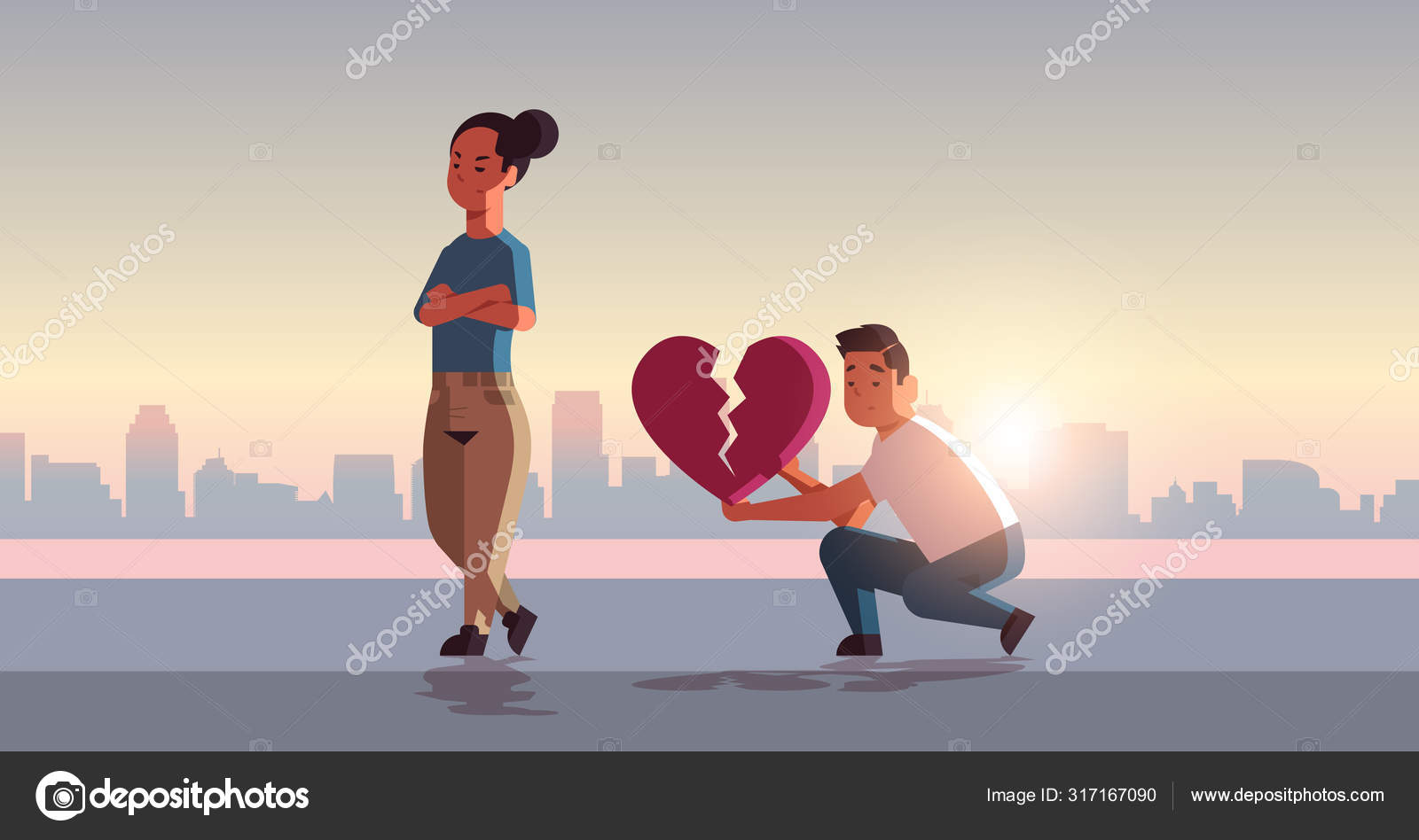 Unhappy Couple In Depression Having Relationship Problem Life Crisis Break Up Divorce One Sided Love Concept Sad Man Holding Broken Heart Cityscape Background Flat Full Length Horizontal Stock Vector Image By C Mast3r