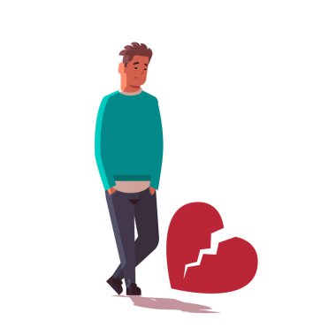 Depresyondaki kalbi kırık üzgün adam. Kriz, boşanma kavramını bozdu. Kırık kalbin yanında duran adam.