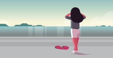 Depresyonda olan üzgün bir kadın, kafa krizi geçiriyor boşanma kavramını bozuyor, dikiz aynasındaki kız kırık kalp deniz manzaralı arka planda, düz yatay olarak duruyor.