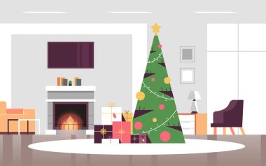 Noel süslenmiş yeşil köknar ağacı hediye kutularıyla mutlu noel kutlaması konsepti modern oturma odası iç mekan iç mekan