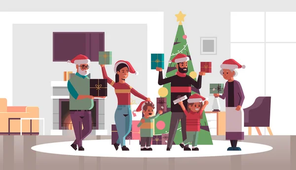 Família multi geração com caixas de presente de pé juntos Feliz Natal feliz ano novo feriado celebração conceito moderno sala de estar interior plana comprimento total horizontal — Vetor de Stock