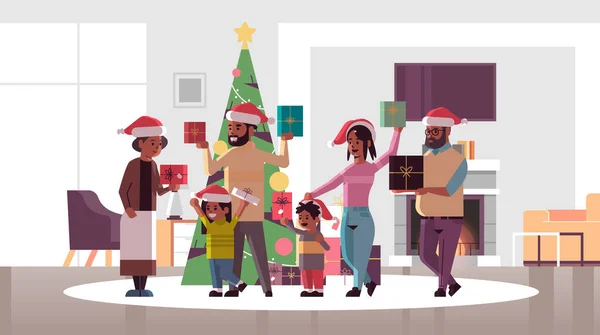 Сім'я мульти-покоління з подарунковими коробками, що стоять разом веселі різдвяні щасливі новорічні святкування концепція сучасного інтер'єру вітальні повної довжини горизонтальна — стоковий вектор