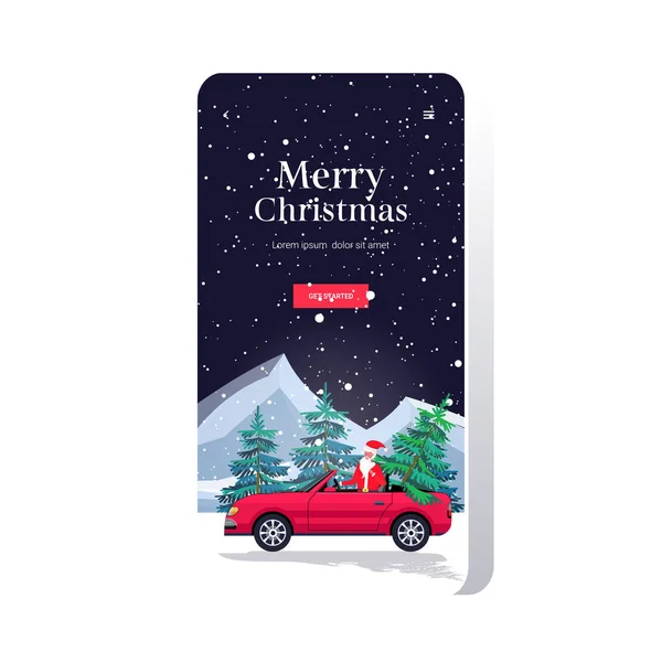 Santa claus coche de conducción con abeto feliz navidad feliz año nuevo celebración concepto smartphone pantalla aplicación móvil en línea tarjeta de felicitación espacio de copia — Vector de stock