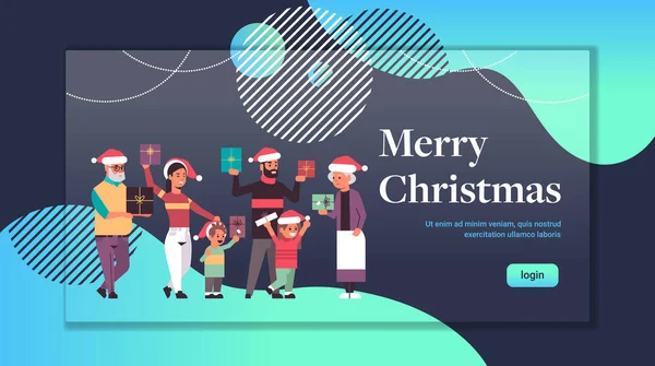 Hediyelik kutuları olan çok nesilli aile mutlu noeller Noel kutlaması konsepti Noel baba ve çocuklar Noel Baba şapkası takıyorlar tam boy yatay kopya alanı