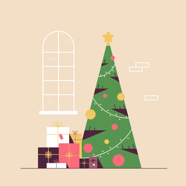 Kerstmis versierd groene dennenboom met cadeau geschenkdozen vrolijk kerstmis gelukkig nieuwjaar vakantie viering concept vector illustratie — Stockvector