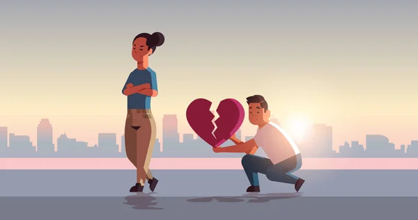 Unhappy couple in depression having relationship problem life crisis break up divorce one-sided love concept sad man holding broken heart cityscape background flat full length horizontal — Stock Vector