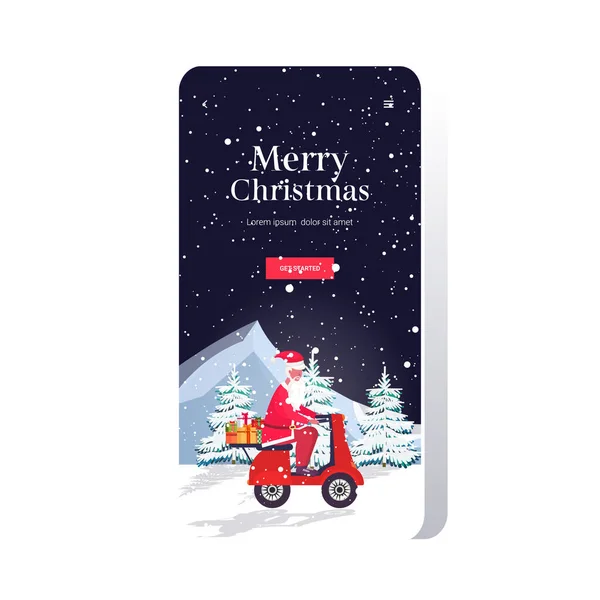 Santa claus with gift present boxes riding vintage scooter merry christmas happy new year holiday celebration concept smartphone screen online mobile app greeting card full length — Stock Vector