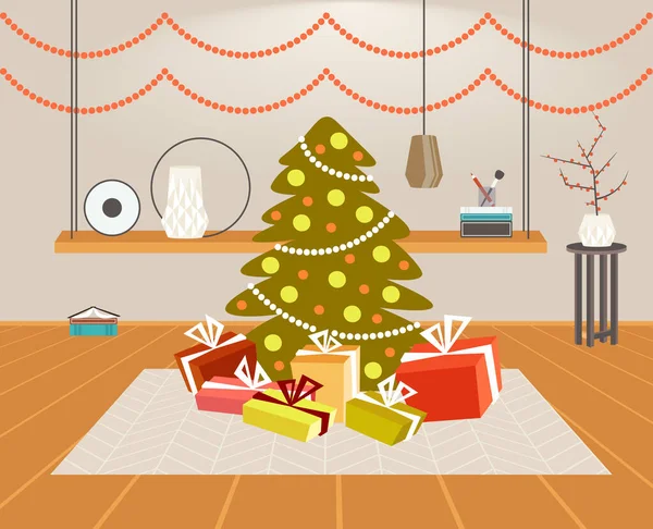 Christmas green fir tree with gift present boxes merry xmas happy new year holiday celebration concept modern living room interior horizontal — Stock Vector