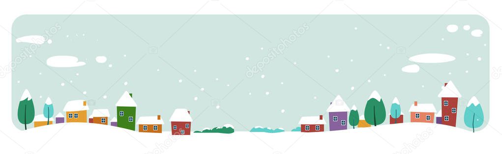 cute houses snowy town on winter background merry christmas happy new year holiday celebration concept greeting card horizontal banner