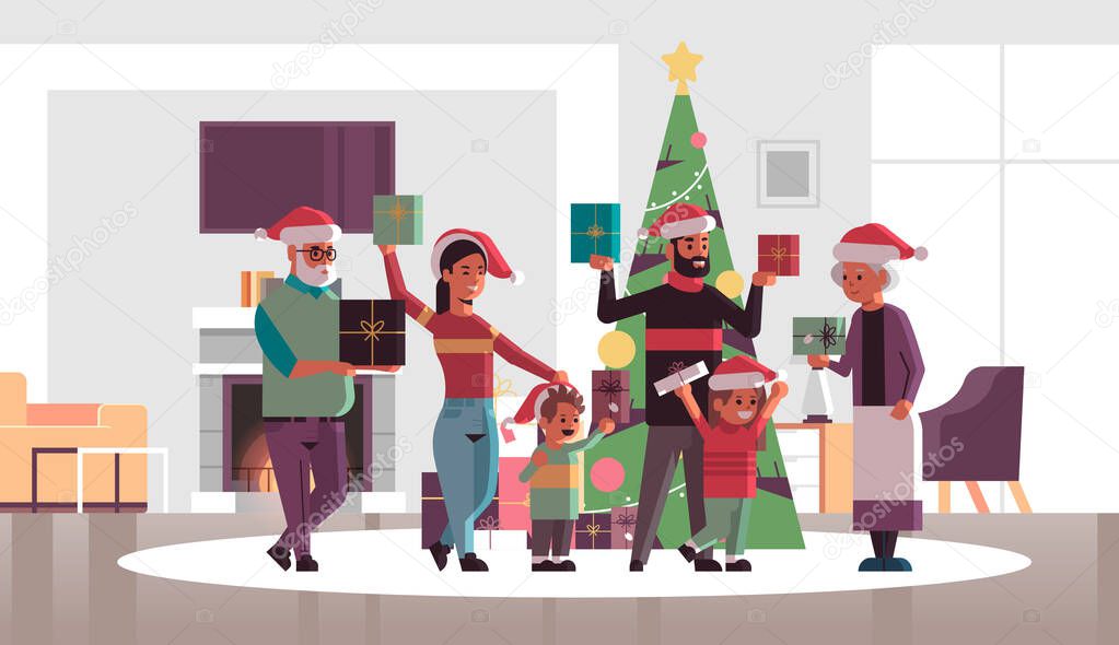 multi generation family with gift present boxes standing together merry christmas happy new year holiday celebration concept modern living room interior flat full length horizontal