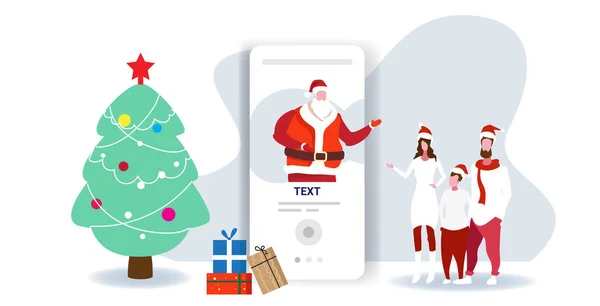 Padres y niños utilizando la aplicación móvil en línea feliz Navidad feliz año nuevo celebración concepto de santa claus en la pantalla del teléfono inteligente horizontal de longitud completa — Vector de stock