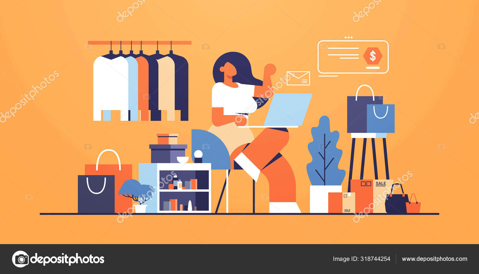 Woman with laptop using computer application online shopping