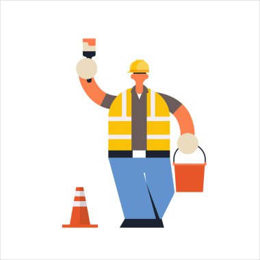 Boya fırçası ve kova boyası tutan erkek müteahhit koruyucu üniformalı ve miğferli endüstriyel inşaat işçisi konsept düz konsept inşa ediyor.