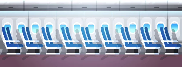 Passagiersstoelen voor vliegtuigen rij met patrijspoorten leeg geen mensen vliegtuigplank interieur vlakke horizontale banner — Stockvector
