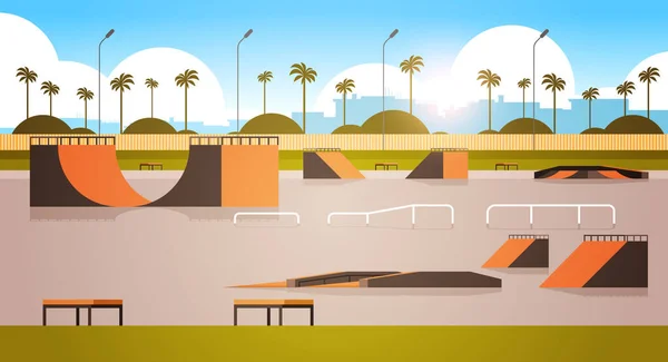 Порожній громадський скейтборд парк з різними рампами для скейтбордингу міський пейзажний фон плоский горизонтальний — стоковий вектор