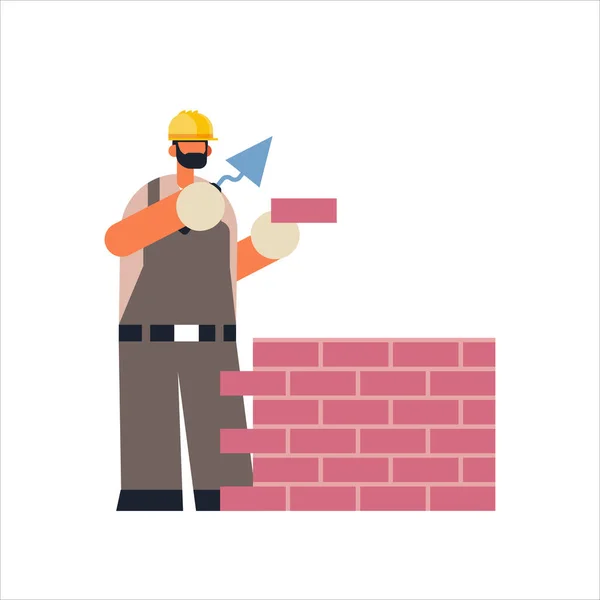 Man byggare med hjälp av spatel arbetare om tegel vägg byggarbetare i enhetlig tegel byggnad koncept platt full längd vektor illustration — Stock vektor
