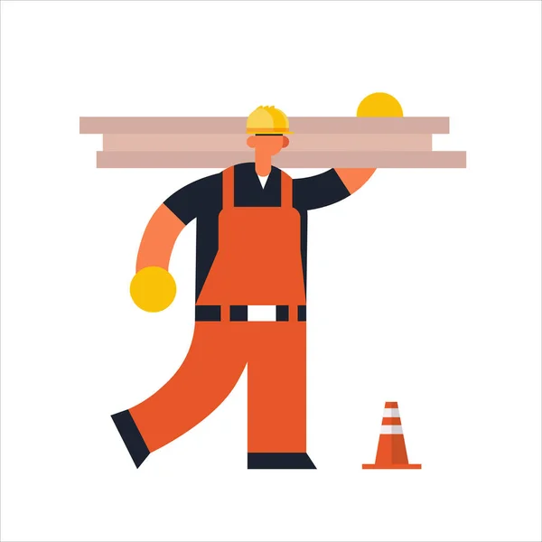 Mężczyzna budowniczy cieśla niosący deski robotnik w pomarańczowy jednolity przemysłowy robotnik budowlany budowa koncepcja płaska pełna długość — Wektor stockowy