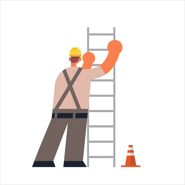 Construtor masculino escada de escalada trabalhador ocupado trabalhador da construção industrial no conceito de construção uniforme visão traseira plana comprimento total —  Vetores de Stock