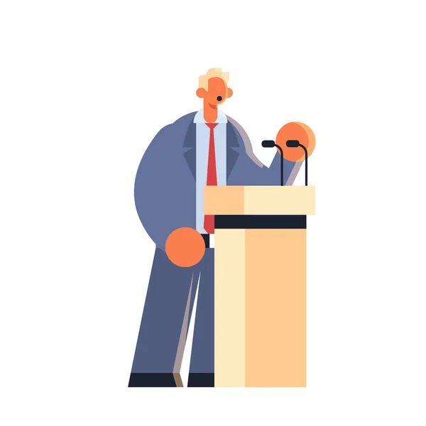 Бізнесмен розмовляє мікрофоном бізнесмен трибуна конференція виступ зустріч семінар концепція чоловічий офіс працівник у формальному носінні повної довжини — стоковий вектор